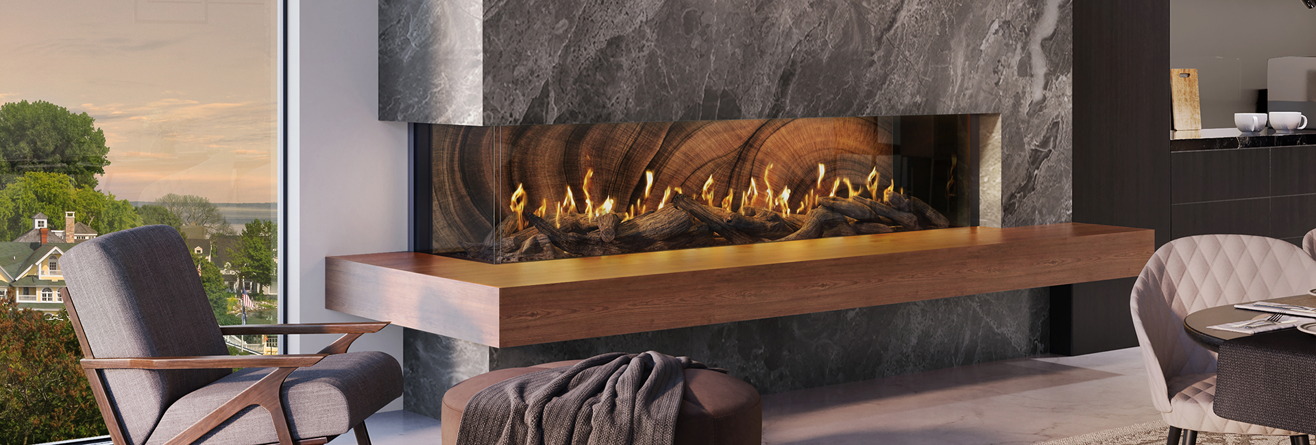 Landscape view showing a wide and short fireplace that is elevated